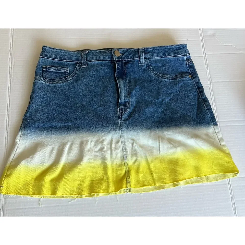 WILD FABLE Ombré Blue White  To Yellow Fade Stretch Denim‎ Jean Mini Skirt Sz 16